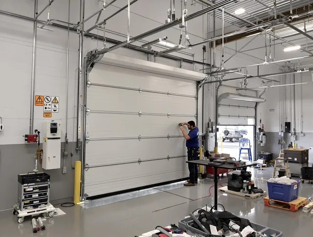 Commercial garage door repair being performed by East Cleveland Garage Door Repair expert in East Cleveland