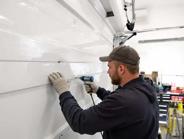 East Cleveland Garage Door Repair technician demonstrating precision dent removal techniques on a East Cleveland garage door