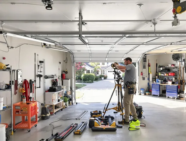 East Cleveland Garage Door Repair specialist performing laser-guided track alignment in East Cleveland